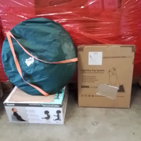 PALLET OF ASSORTED HOUSEHOLD GOODS AND PRODUCTS TO INCLUDE;DOG POTTY TRAY SYSTEM,BOOSTER SEAT,POPUP TENT