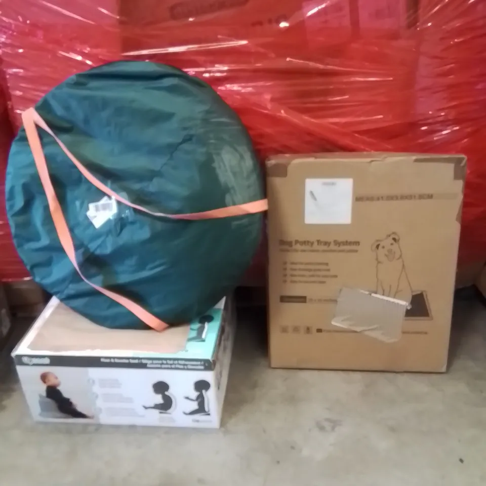 PALLET OF ASSORTED HOUSEHOLD GOODS AND PRODUCTS TO INCLUDE;DOG POTTY TRAY SYSTEM,BOOSTER SEAT,POPUP TENT