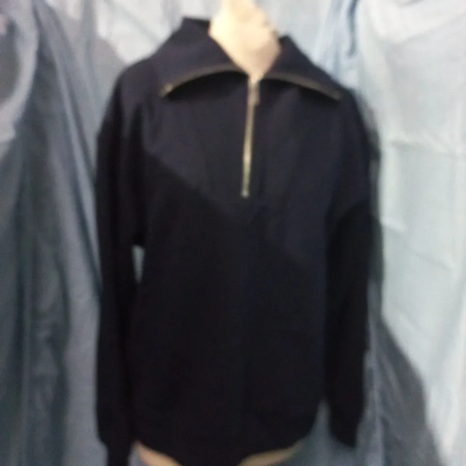 ZARA NAVY ZIP-NECK SWEATER (SIZE S) MADE IN BANGLADESH