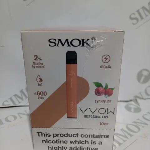 BOXED CELLOPHANE-WRAPPED PACK OF TEN SMOK VVOW DISPOSABLE VAPES- LYCHEE ICE