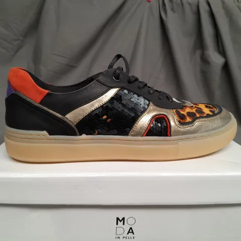 BOXED PAIR OF MODA IN PELLE BELGRAVE PRINT SEQUIN TRAINERS - SIZE 7