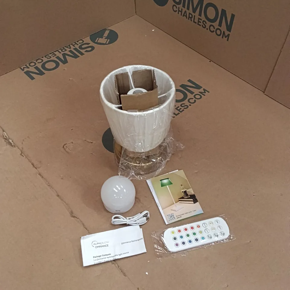 BOXED AVALON TABLE LAMP AND RECHARGEABLE LIGHT SOURCE - GOLD/WHITE (2 BOXES)