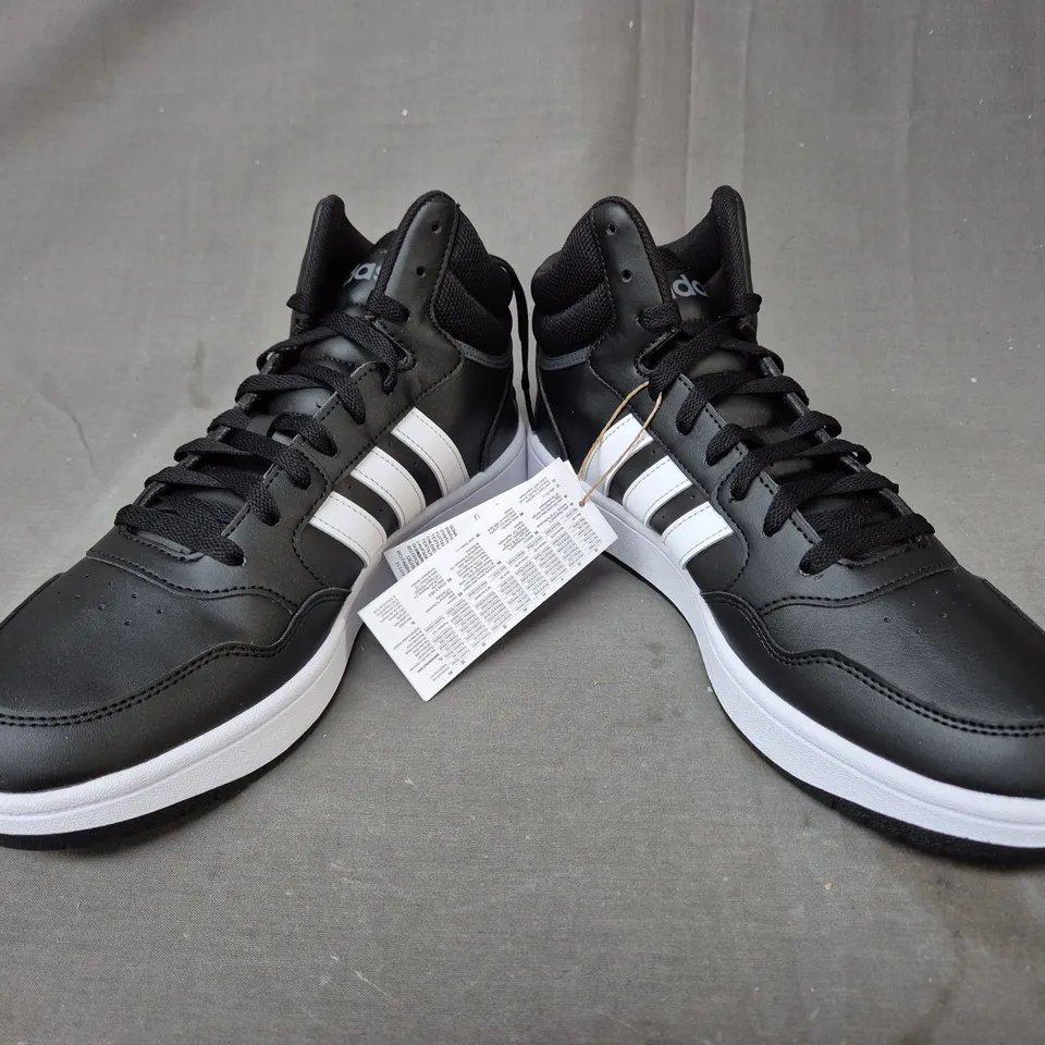 BOXED PAIR OF ADIDAS HOOPS 3.0 MID SHOES IN BLACK/WHITE UK SIZE 9