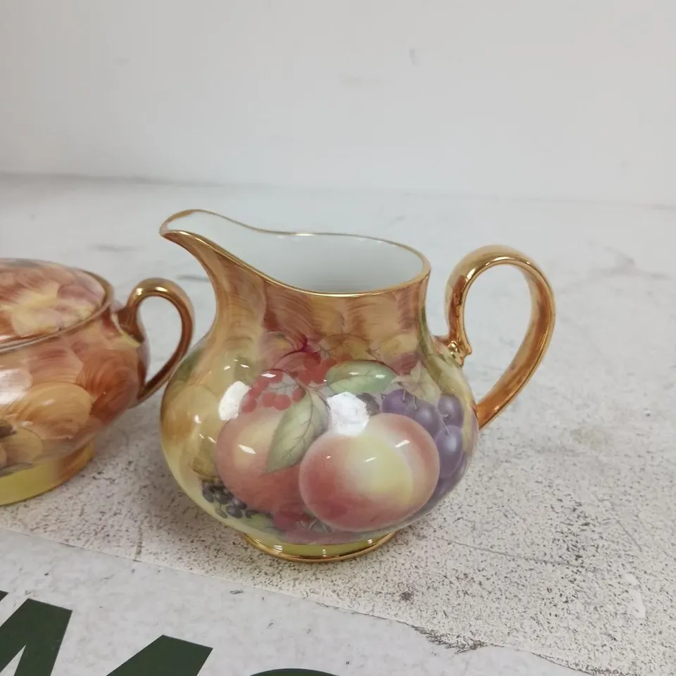 KIRSTY JAYNE CHINA HAND-PAINTED FRUIT PATTERN SUGAR POT WITH LID & CREAMER – FINE BONE CHINA