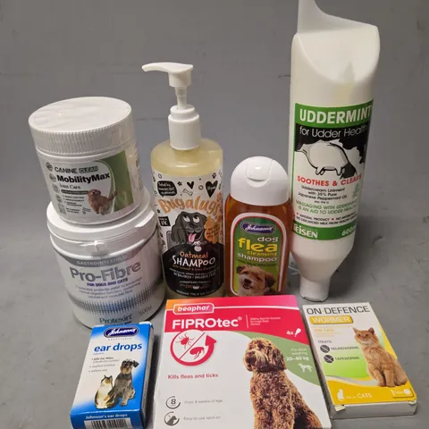 APPROX 12 ASSORTED PET SUPPLY PRODUCTS TO INCLUDE PRO-FIBRE, SHAMPOO, EARDROPS, ETC
