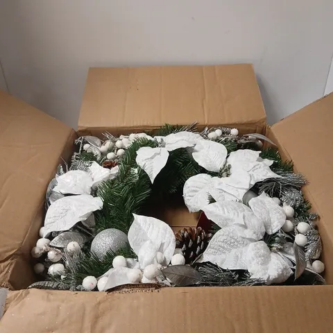 ARTIFICIAL CHRISTMAS WREATH WITH WHITE POINSETTIAS, PINECONES AND SILVER ACCENTS – BOXED