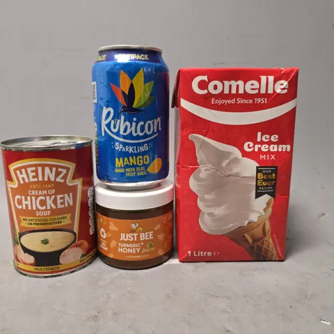 APPROXIMATELY 12 ASSORTED FOOD & DRINK ITEMS TO INCLUDE - RUBICON , HEINZ CHICKEN SOUP , COMELLE ICE CREAM MIX ETC