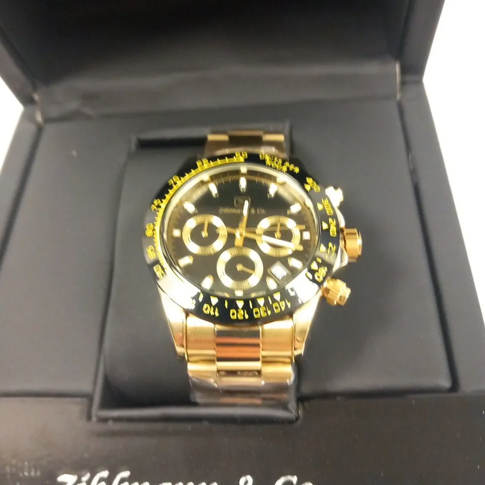 MENS ZIHLMANN & Co Z400 WATCH – CHRONOGRAPH MOVEMENT – GOLD COLOUR STAINLESS STEEL STRAP – BLACK DIAL – 3ATM WATER RESISTANT