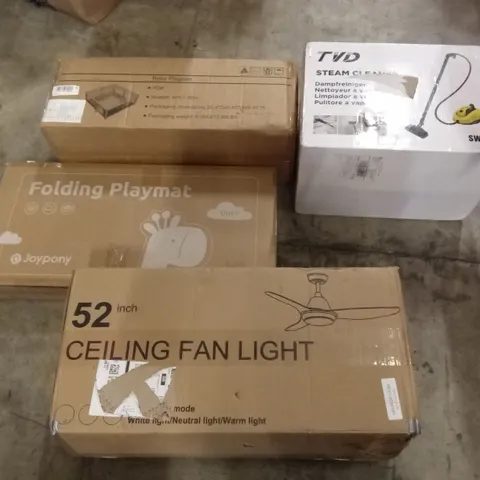 PALLET OF ASSORTED HOUSEHOLD GOODS AND PRODUCTS TO INCLUDE; FOLDING PLAY MAT, BABY PLAYPEN, CEILING FAN LIGHT, STEAM CLEANER ETC