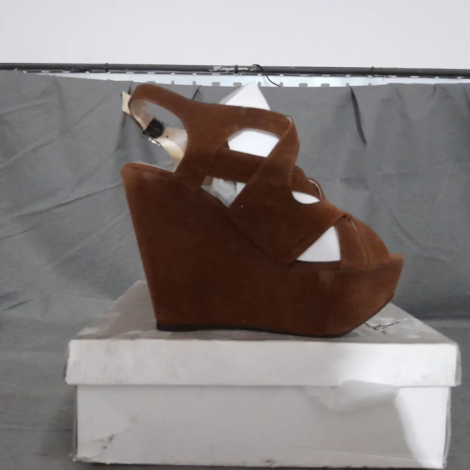 APPROXIMATELY 6 BOXED PAIRS OF KOI WEDGE SANDALS IN BROWN SUEDE VARIOUS SIZES TO INCLUDE SIZE 6