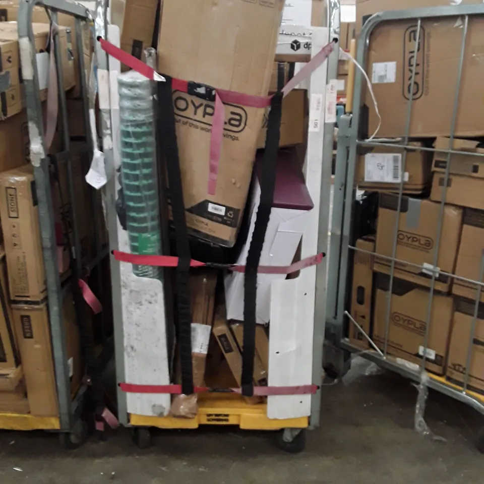 CAGE OF ASSORTED HOUSEHOLD GOODS AND PRODUCTS TO INCLUDE; FOLDING FOOTSTOOL, DOUBLE HOT PLATE AND FOLDING BAR STOOL