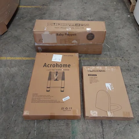 PALLET OF ASSORTED HOUSEHOLD ITEMS AND CONSUMER PRODUCTS TO INCLUDE; COOKER HOOD, PLAYPENS, TOILET SEAT, TELESCOPIC LADDER, BOXED FURNITURE ETC