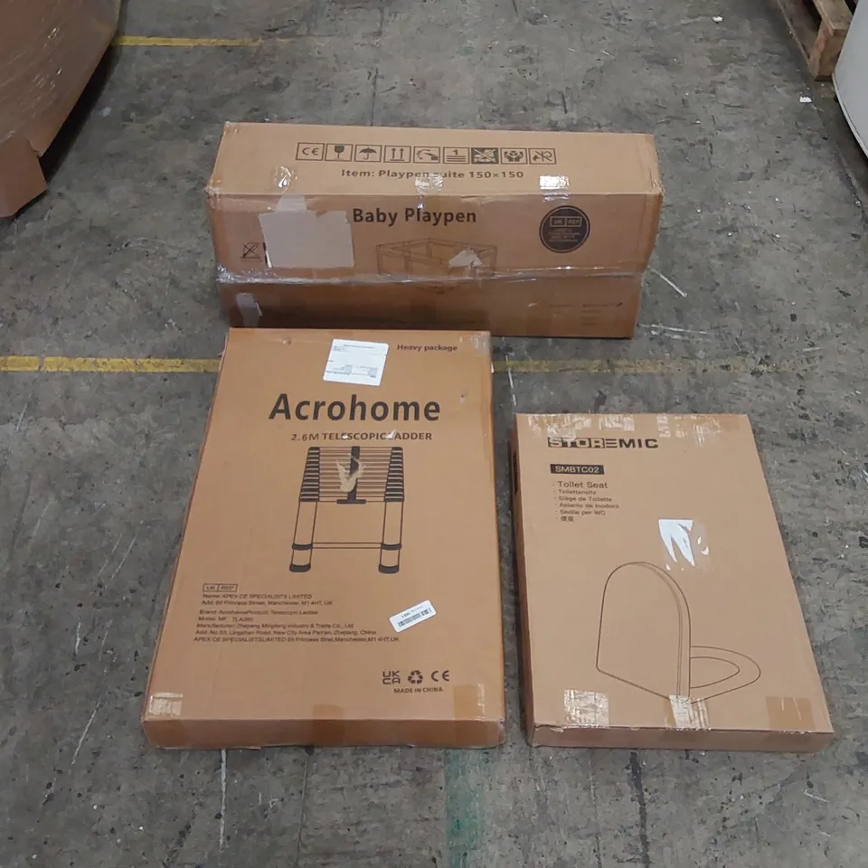 PALLET OF ASSORTED HOUSEHOLD ITEMS AND CONSUMER PRODUCTS TO INCLUDE; COOKER HOOD, PLAYPENS, TOILET SEAT, TELESCOPIC LADDER, BOXED FURNITURE ETC 