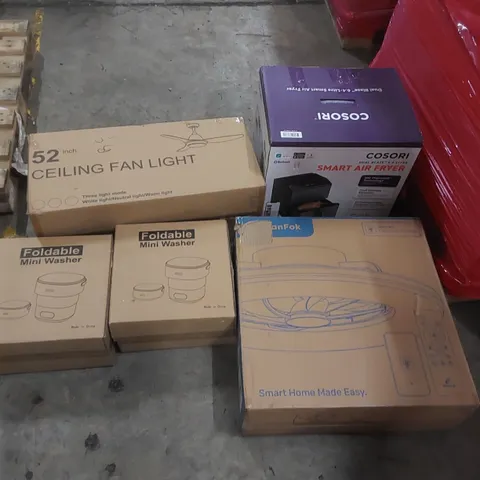 PALLET OF ASSORTED ITEMS INCLUDING: SMART AIR FRYER, CEILING FAN LIGHTS, FOLDABLE MINI WASHERS ECT