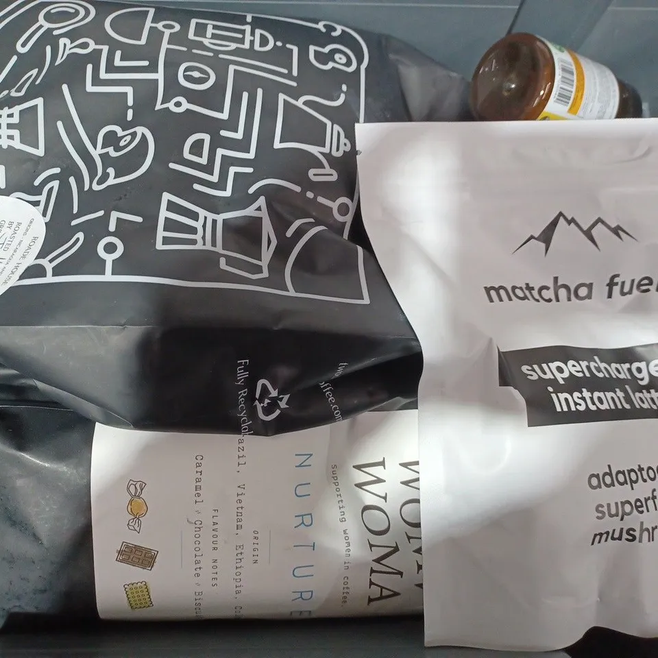 BOX OF APPROX 10 ASSORTED FOOD ITEMS TO INCLUDE - MATCHA FUEL SUPERCHARGED INSTANT LATTE - WOMA WOMA NURTURE - GRENADINE ECT