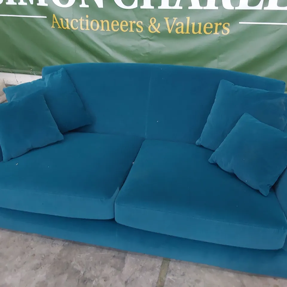 DESIGNER TWO SEATER SOFA TURQUOISE PLUSH FABRIC WITH SCATTER CUSHIONS
