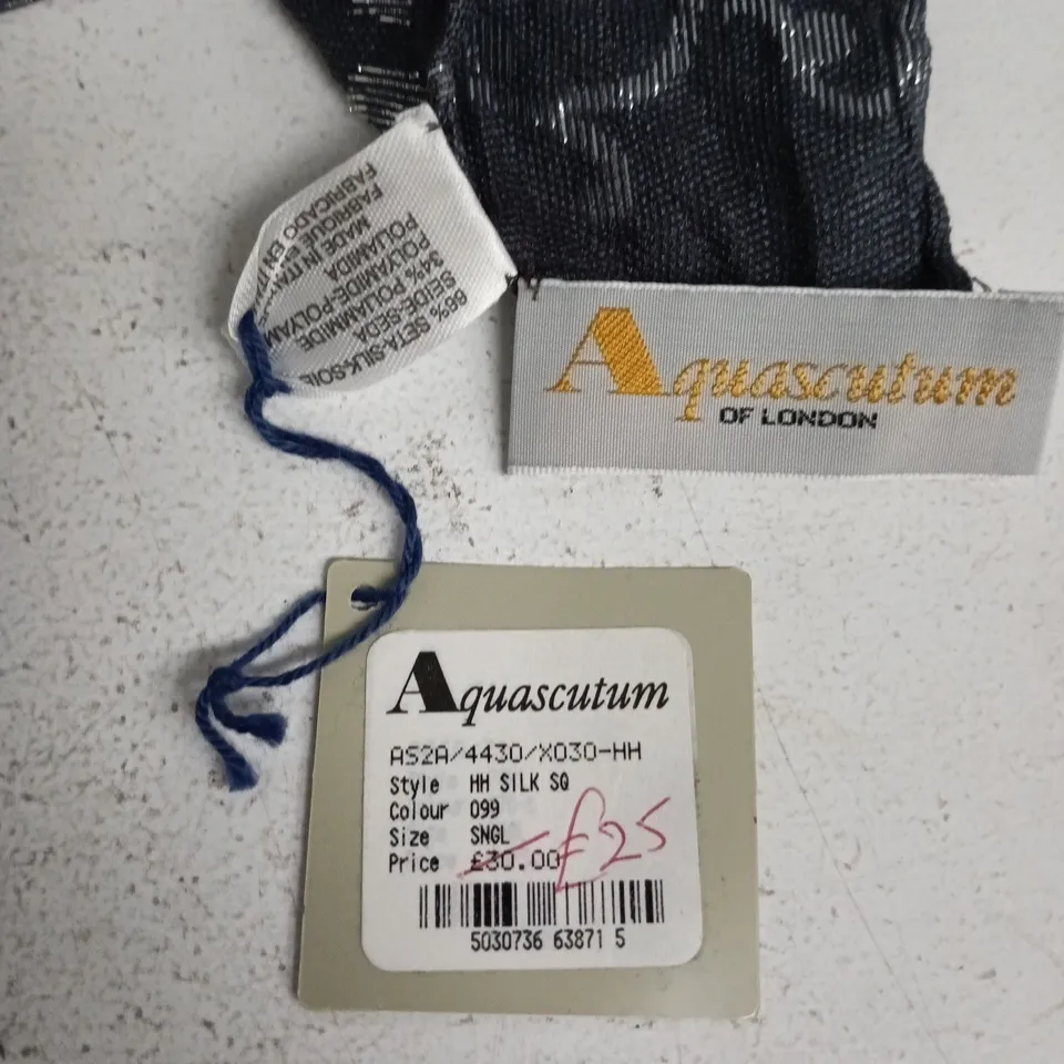 AQUASCUTUM SILK SQUARE SCARF – BLACK/CHARCOAL WITH METALLIC PATTERN
