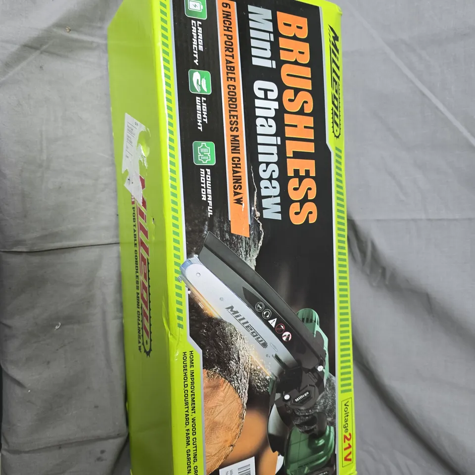MILLEGU CORDLESS BRUSHLESS MINI CHAINSAW – 21V 