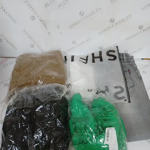 LARGE BOX OF ASSORTED CLOTHING ITEMS IN VARIOUS COLOURS AND SIZES INCLUDING TROUSERS , TOPS AND JUMPERS