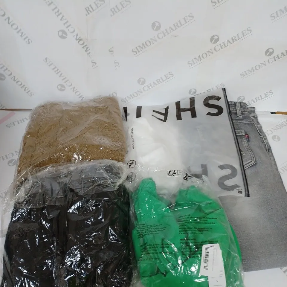 LARGE BOX OF ASSORTED CLOTHING ITEMS IN VARIOUS COLOURS AND SIZES INCLUDING TROUSERS , TOPS AND JUMPERS 