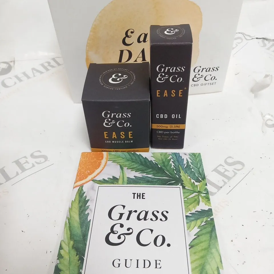 BOXED GRASS AND CO EASY DAYS CBD GIFT SET CONSISTING OF EASE 500MG CBD OIL AND EASE CBD BALM
