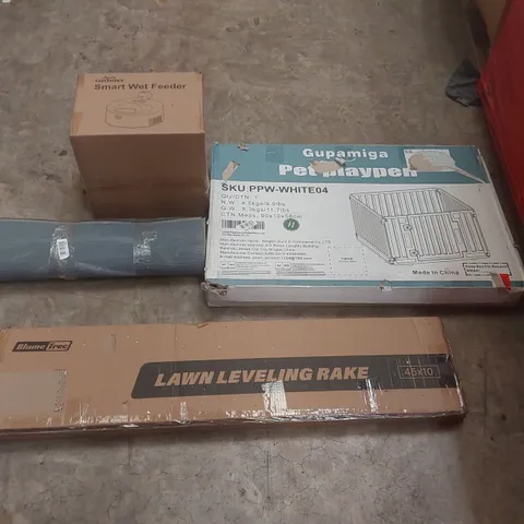 PALLET CONTAINING A LARGE QUANTITY OF ASSORTED ITEMS INCLUDING: CATBOXY SMART WET FEEDER, RUG, PET PLAYPEN, LAWN LEVELING RAKE ECT
