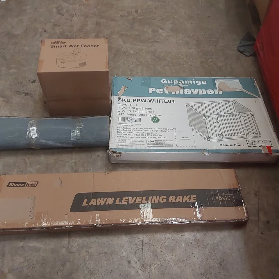 PALLET CONTAINING A LARGE QUANTITY OF ASSORTED ITEMS INCLUDING: CATBOXY SMART WET FEEDER, RUG, PET PLAYPEN, LAWN LEVELING RAKE ECT