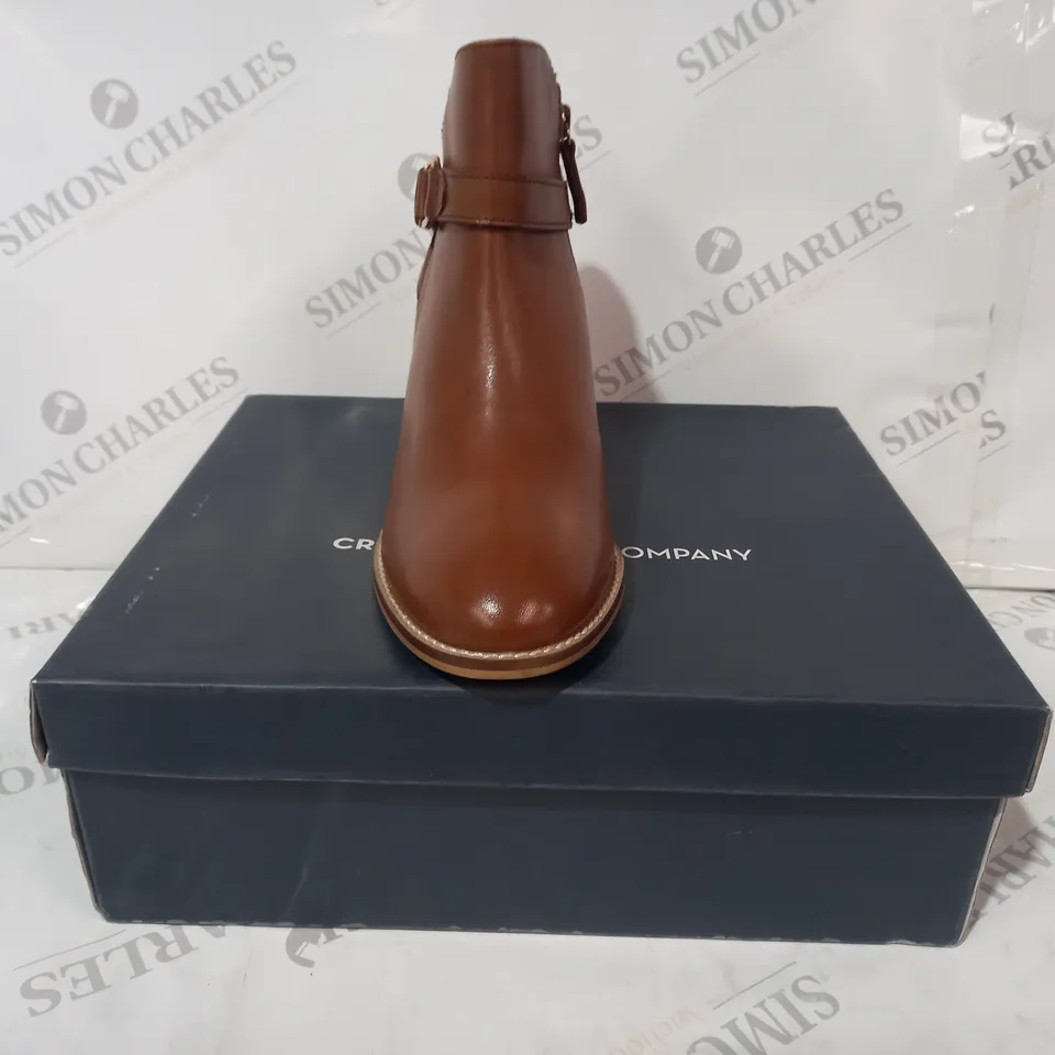 BOXED PAIR OF CREW CLOTHING COMPANY HAILEY LEATHER BLOCK HEEL BOOTS IN TAN EU SIZE 38