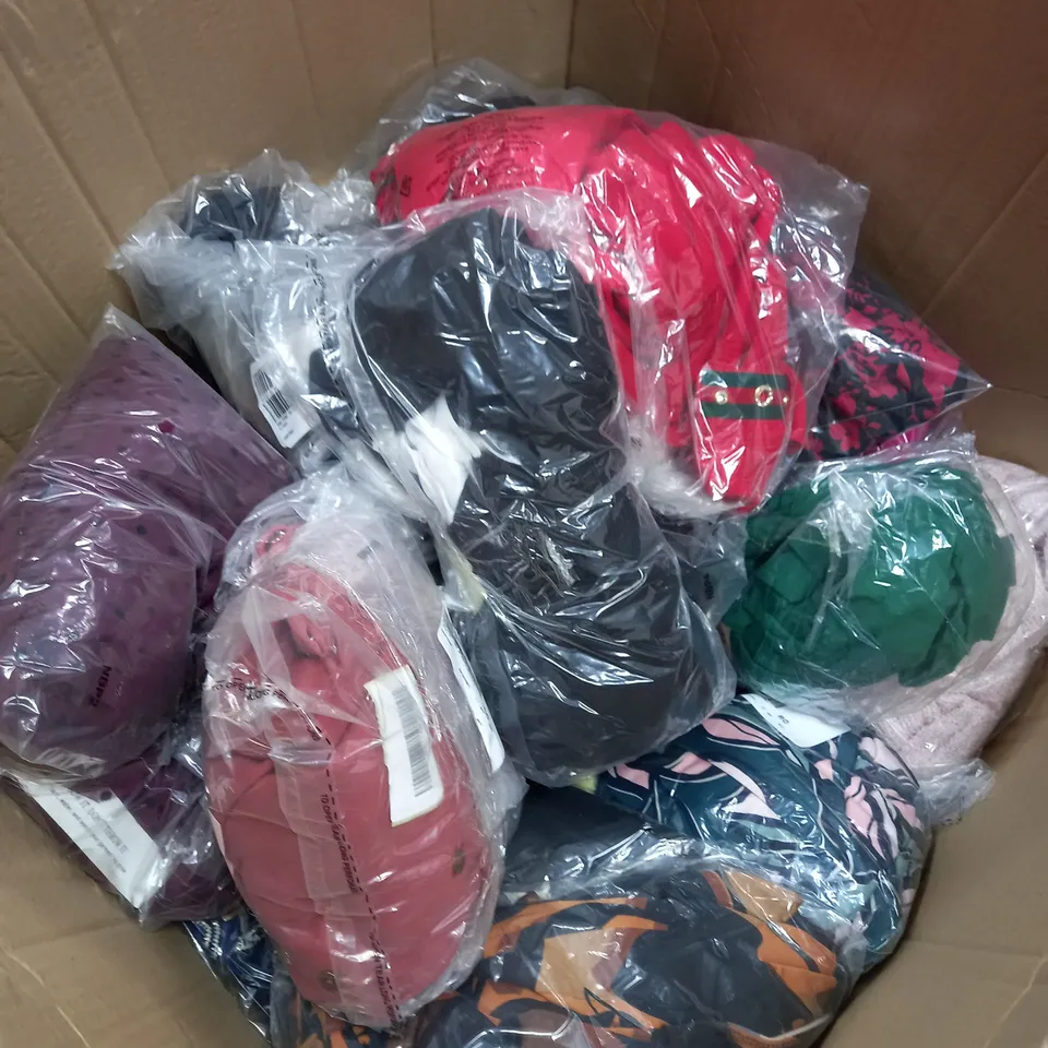 BOX OF ASSORTED CLOTHING ITEMS TOO INCLUDE BAGS , TOPS, AND TROUSERS   ETC. 