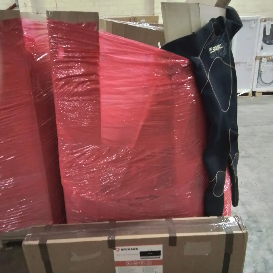 PALLET OF MIXED BOXED HOUSEHOLD ITEMS TO INCLUDE; SINK WET SUIT, RIFLE CASE ETC.