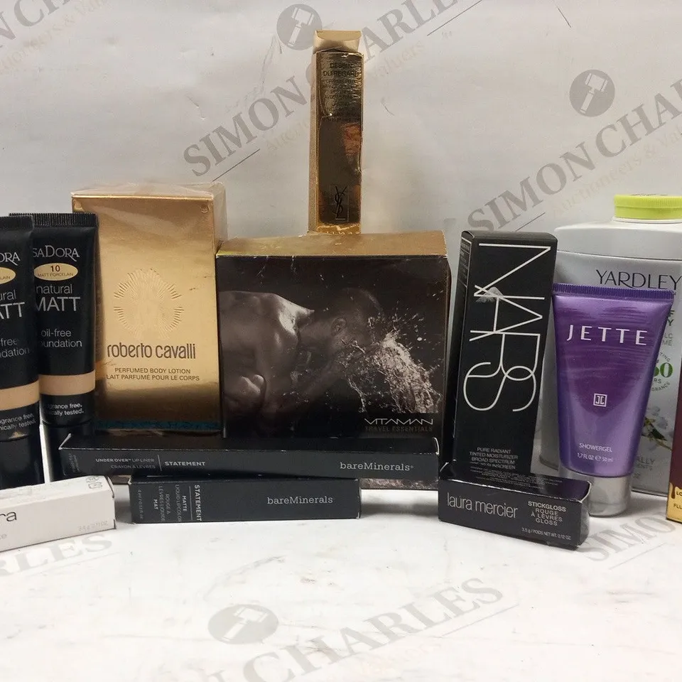 APPROXIMATELY 38 ASSORTED PRODUCTS TO INCLUDE; YVES SAINT LAURENT, YARDLEY, BAR MINERALS, TOO FACED, ROBERTO CAVALLI, ISA DORA, SHU UEMURA AND LAURA MERCIER