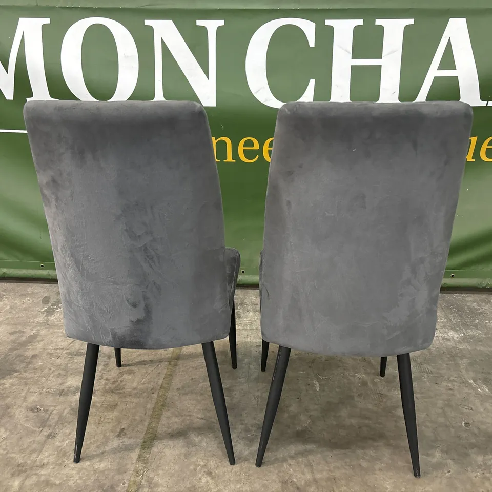 SET OF 2 DESIGNER GREY VELVET DINING CHAIRS WITH BLACK METAL LEGS (2 ITEMS)