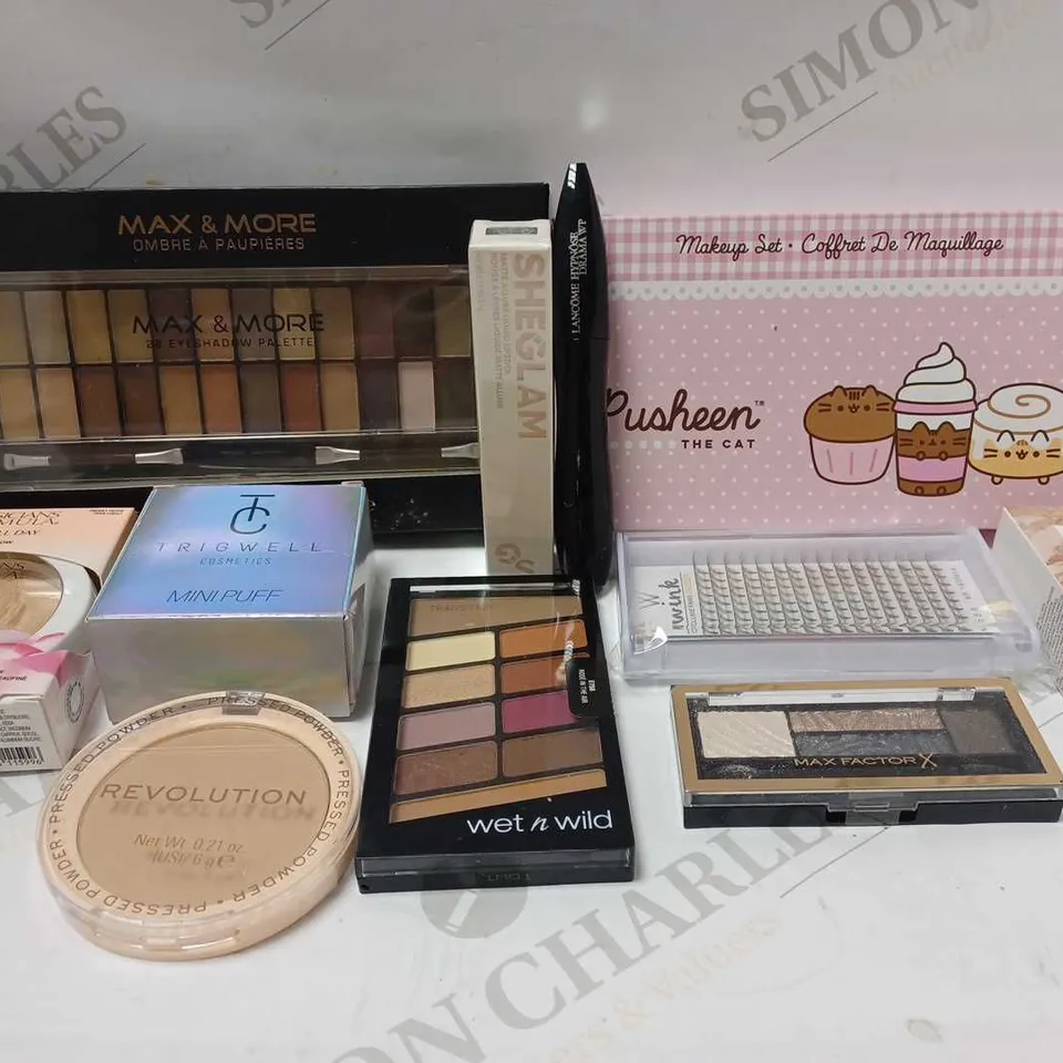 LOT OF APPROX 10 ASSORTED MAKEUP PRODUCTS TO INCLUDE REVOLUTION PRESSED POWDER #BEIGE, LAURA GELLER COLOUR CORRECTING FOUNDATION #MEDIUM, SHEGLAM LIQUID LIPSTICK #NAKED BRUNCH, ETC 