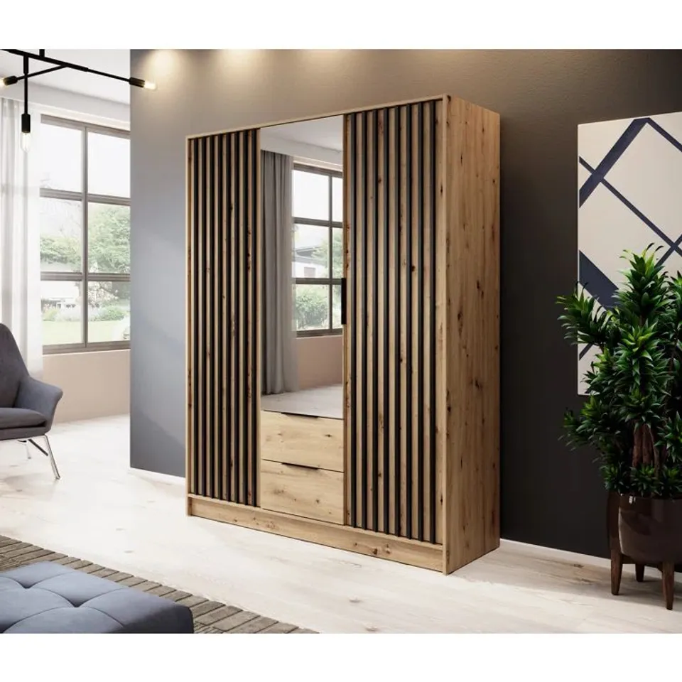 BOXED SECAUCUS 3 DOOR WARDROBE - GREY/OAK (4 BOXES)