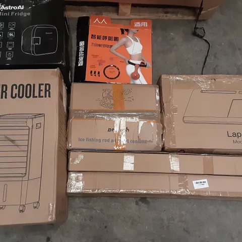 PALLET OF ASSORTED PRODUCTS INCLUDING AIR COOLER, LAP DESK, ASTROAI MINI FRIDGE, ICE FISHING ROD AND REEL COMBO, VIBRATION PLATE, 500PC POKER GAME SET