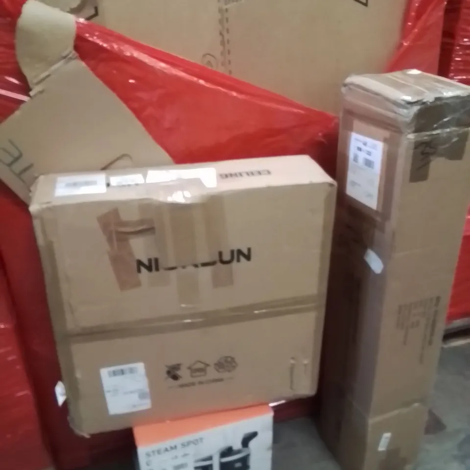 PALLET OF ASSORTED HOUSEHOLD GOODS AND PRODUCTS TO INCLUDE;STEAM SPOT,CEILING FAN WITH LIGHTS,FOLDING GAZEBO