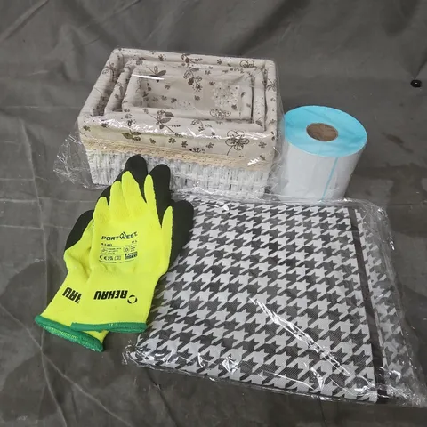 APPROXIMATELY 15 ASSORTED HOUSEHOLD PRODUCTS TO INCLUDE PORTWEST WORK GLOVES, LABELS, 3 PC MINI STORAGE SET, ETC - COLLECTION ONLY