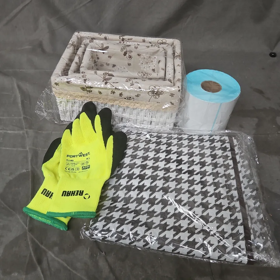 APPROXIMATELY 15 ASSORTED HOUSEHOLD PRODUCTS TO INCLUDE PORTWEST WORK GLOVES, LABELS, 3 PC MINI STORAGE SET, ETC - COLLECTION ONLY