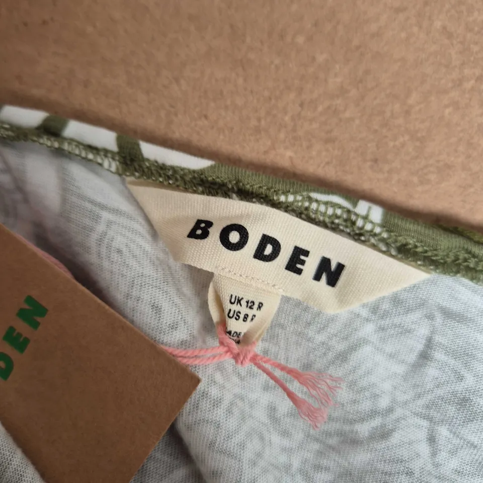 UK 12R BODEN FLORAL PRINT MAXI DRESS – GREEN & CREAM, V-NECK WITH BRAIDED TRIM