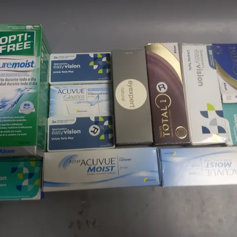 LOT OF ASSORTED EYE CARE ITEMS TO INCLUDE SPECSAVERS, ACUVUE AND OPTI-FREE