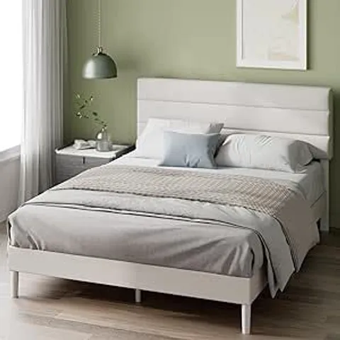 BOXED ZINUS PIPER DOUBLE UPHOLSTERED BED FRAME WITH HEADBOARD (135 X 190 CM) β FABRIC BED FRAME WITH WOODEN SLAT SUPPORT, EASY ASSEMBLY β OFF WHITE