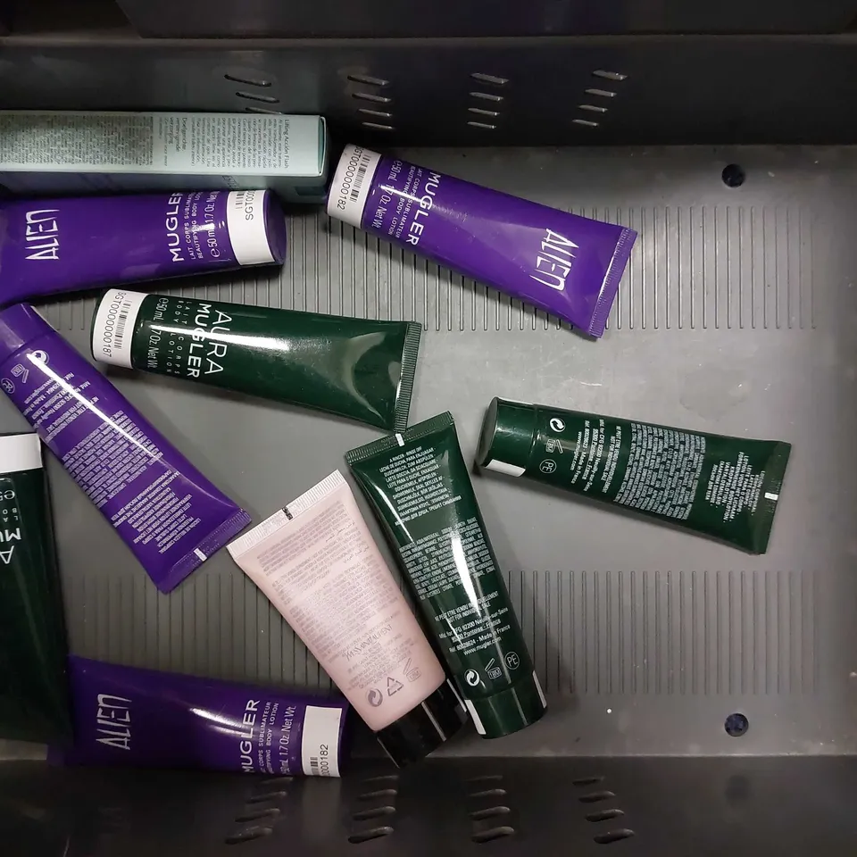 BOX OF APPROX 10 ITEMS TO INCLUDE MUGLER ALIEN BODY LOTION (50ML), ESTEE LAUDER NEW DIMENSION LIQUID TAPE (15ML) AND YVES SAINT LAURENT MON PARIS BODY LOTION (50ML)