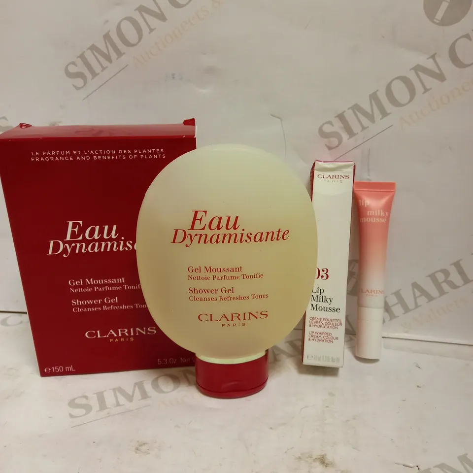LOT OF 2 CLARINS PRODUCTS TO INCLUDE EAU DYNAMISANTE SHOWER GEL 150ML & LIP MILKY MOUSSE 10ML - 03 MILKY PINK