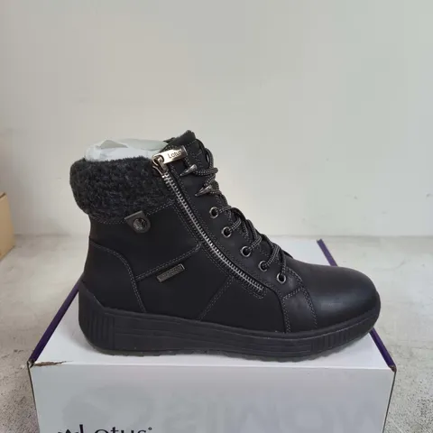 BOXED PAIR OF LOTUS BLACK LEATHER WINTER BOOTS WITH FUR TRIM – WOMEN'S - SIZE 40