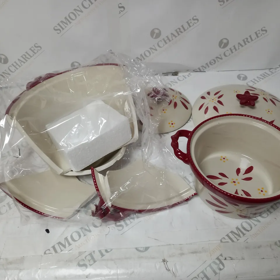 2 CREAM AND RED FLORAL CERAMIC POTS WITH LIDS 