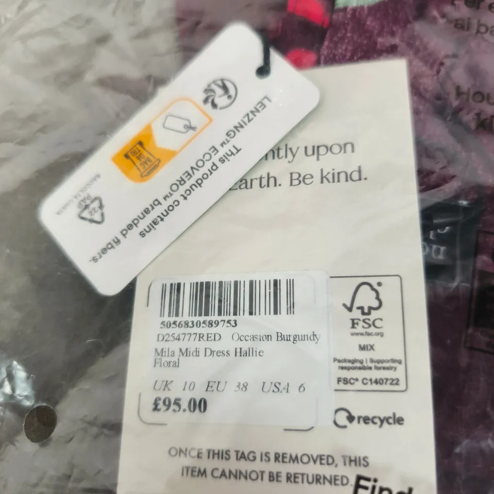 BAGGED NOBODYS CHILD MILA MIDI DRESS HALLIE FLORAL – BURGUNDY – UK 10 (EU 38)