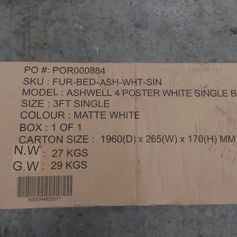 BOXED ASHWELL 4 POSTER MATTE WHITE SINGLE BED (1 BOX)