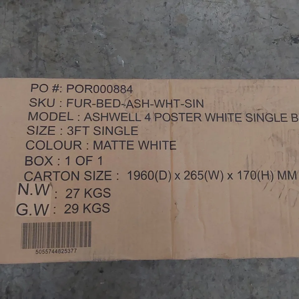 BOXED ASHWELL 4 POSTER MATTE WHITE SINGLE BED (1 BOX)