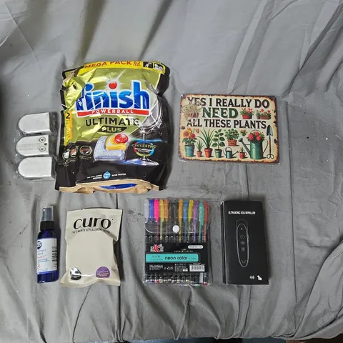 APPROXIMATELY 20 ASSORTED HOUSEHOLD ITEMS BUNDLE: FINISH POWERBALL ULTIMATE PLUS DISHWASHER TABLETS (MEGA PACK), DECORATIVE PLANT SIGN, ULTRASONIC DOG REPELLENT, NEON COLOUR MARKERS & MORE.