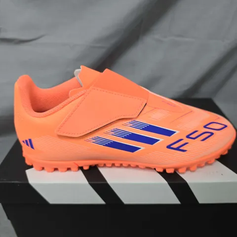 BOXED PAIR OF ADIDAS F50 CLUB VELCRO TURF TRAINERS IN ORANGE - UK 3